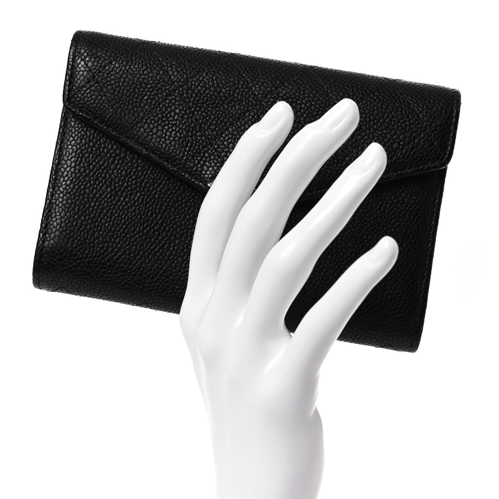 Caviar Quilted Thread CC Compact Flap Wallet Black