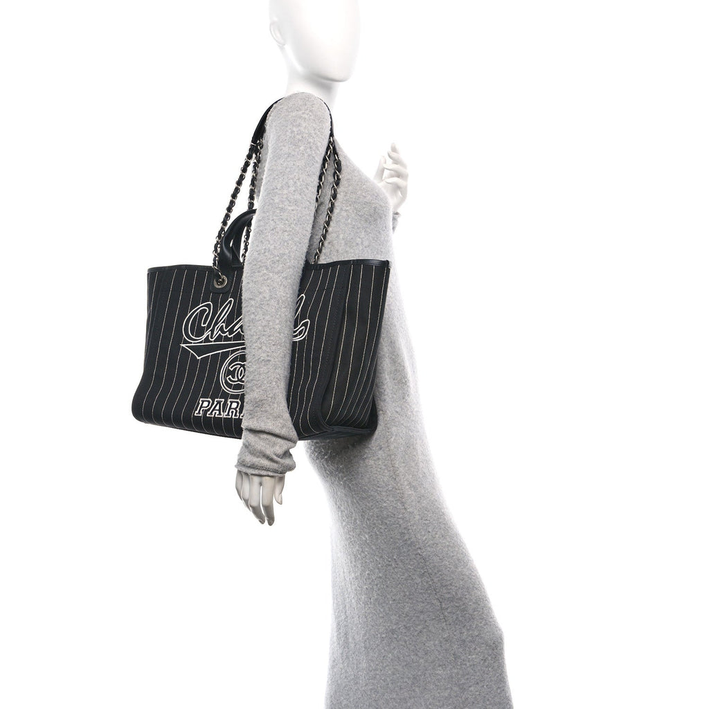 Canvas Calfskin Striped Medium Deauville Tote Black White