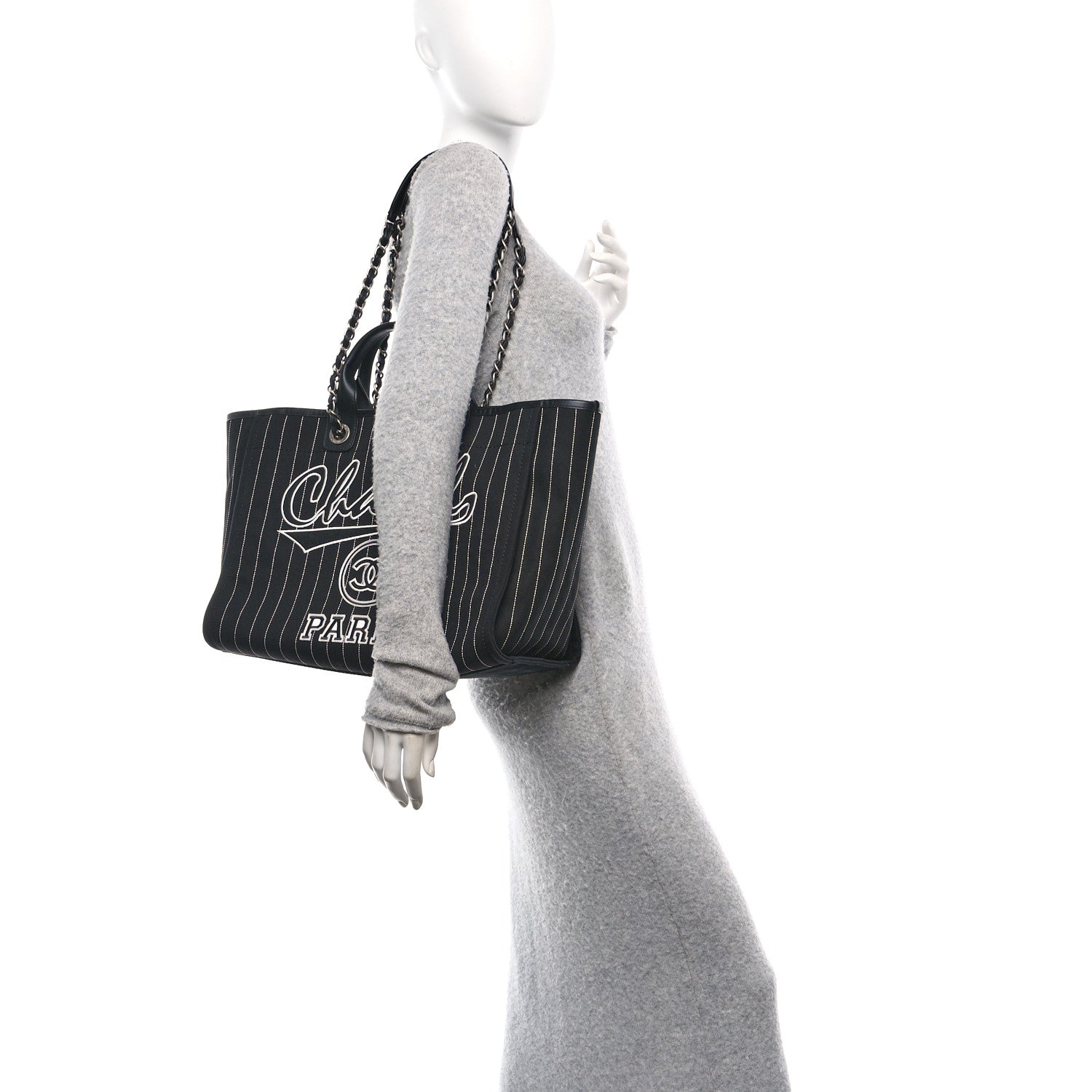 Canvas Calfskin Striped Medium Deauville Tote Black White