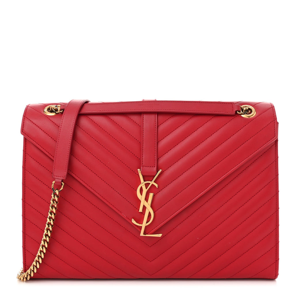 Smooth Calfskin Matelasse Chevron Large Monogram Satchel Lipstick Red