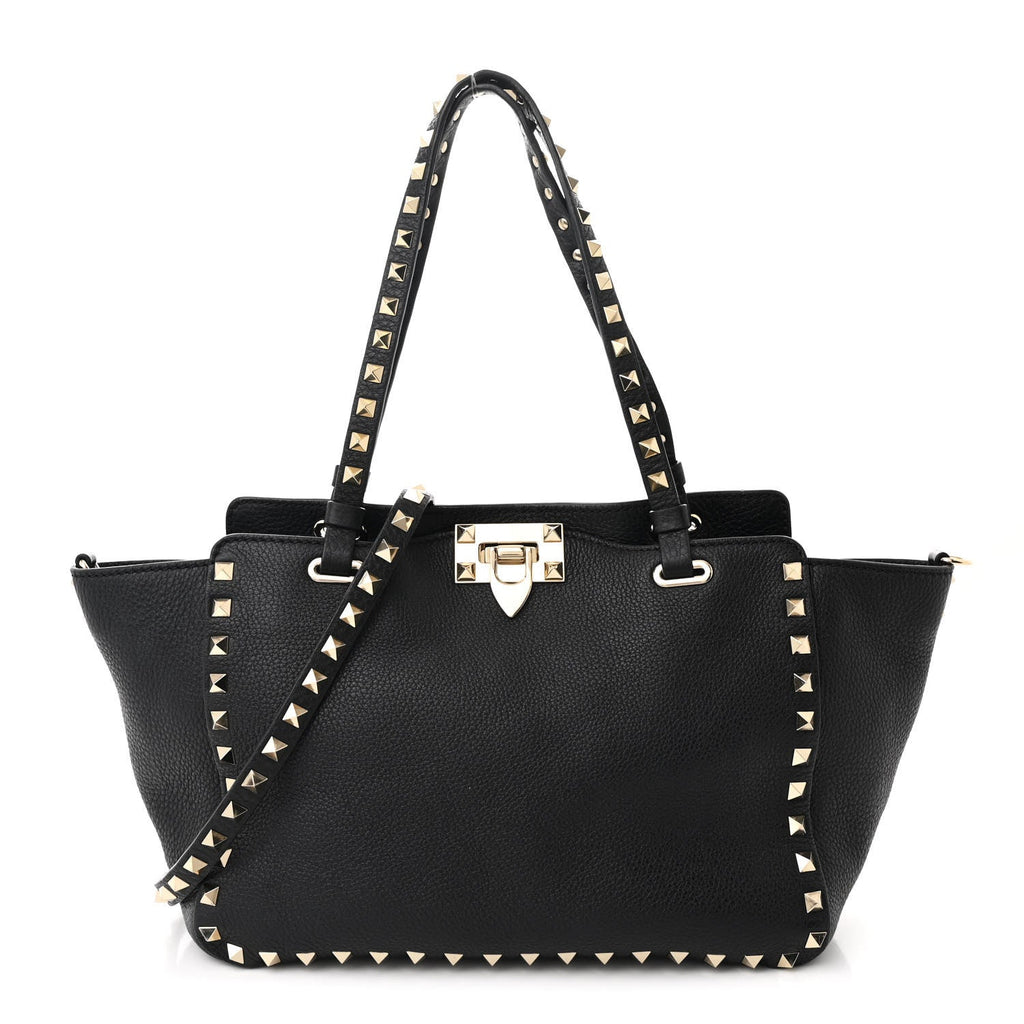 Grained Calfskin Small Rockstud Tote Black