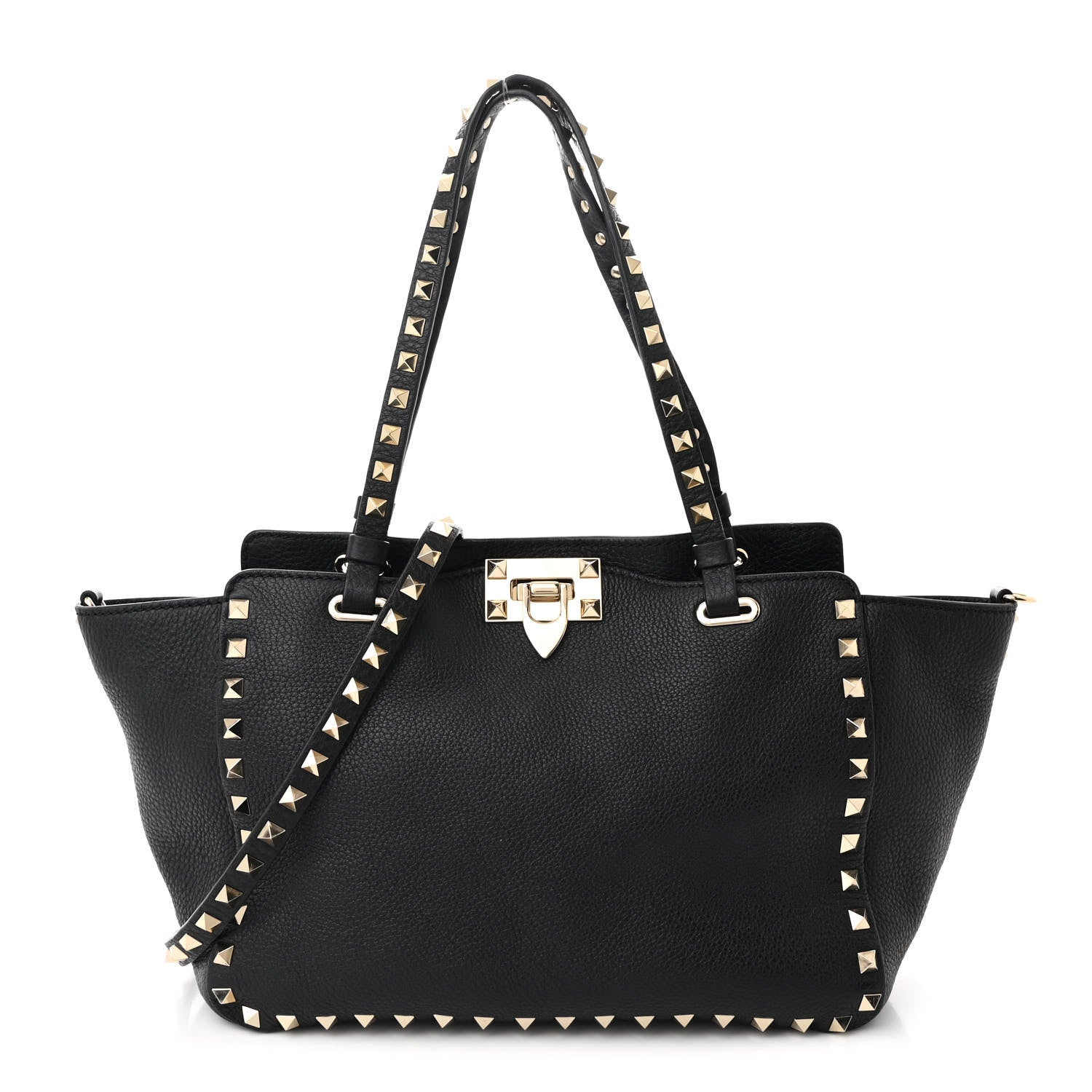 Grained Calfskin Small Rockstud Tote Black