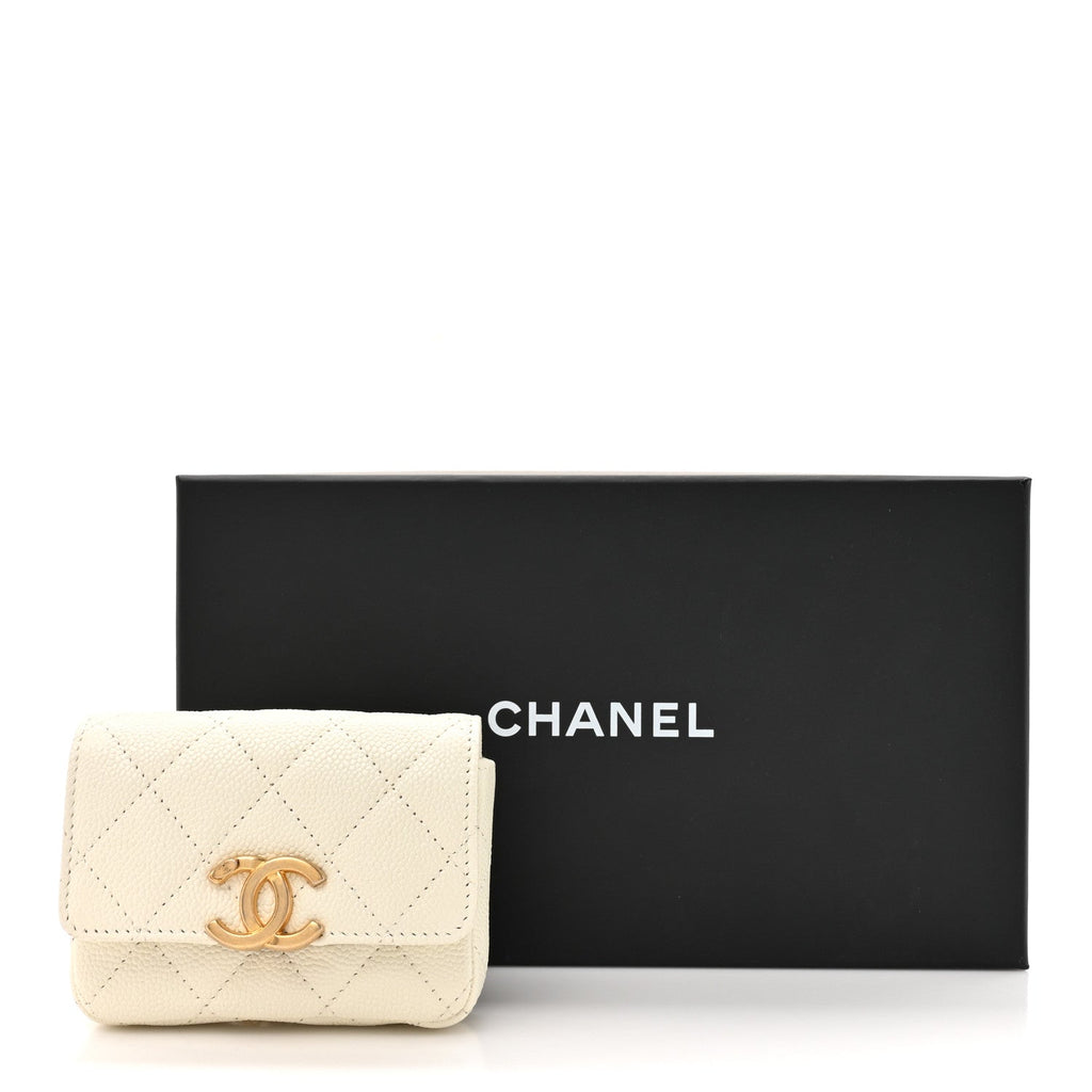 Shiny Caviar Quilted Chain Melody Belt Bag White