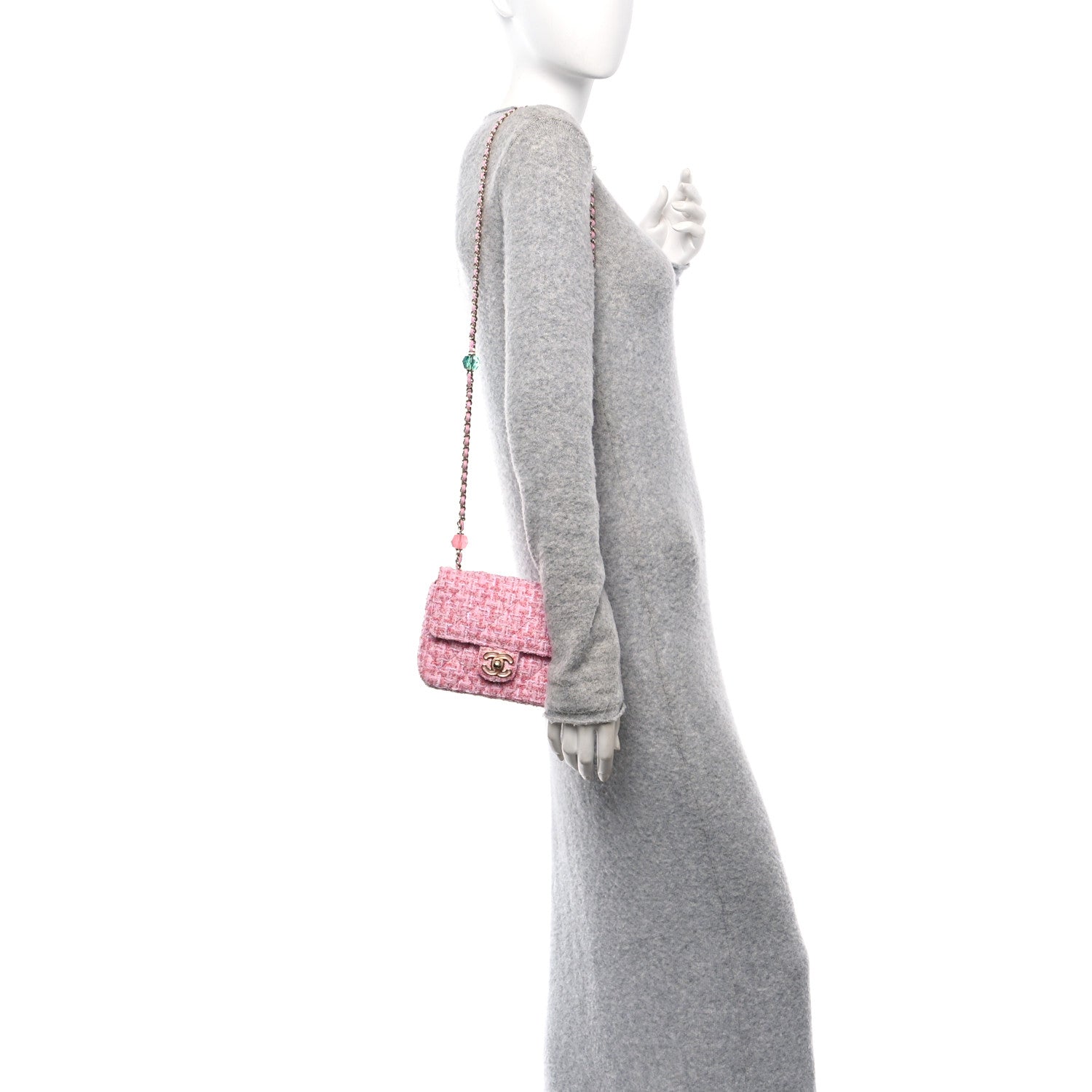 Tweed Resin Quilted Mini Heart Square Flap Pink White