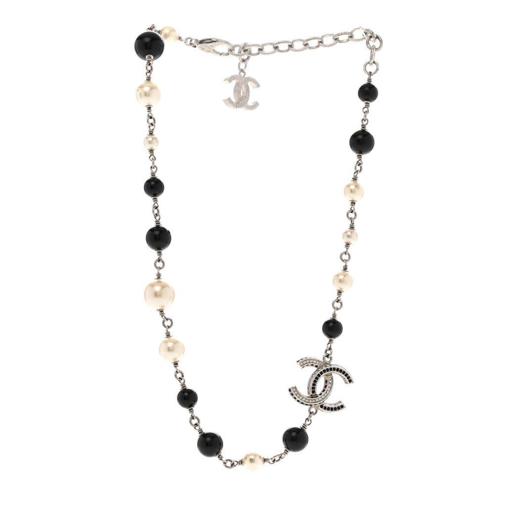 Pearl Crystal Bead CC Necklace Silver Black