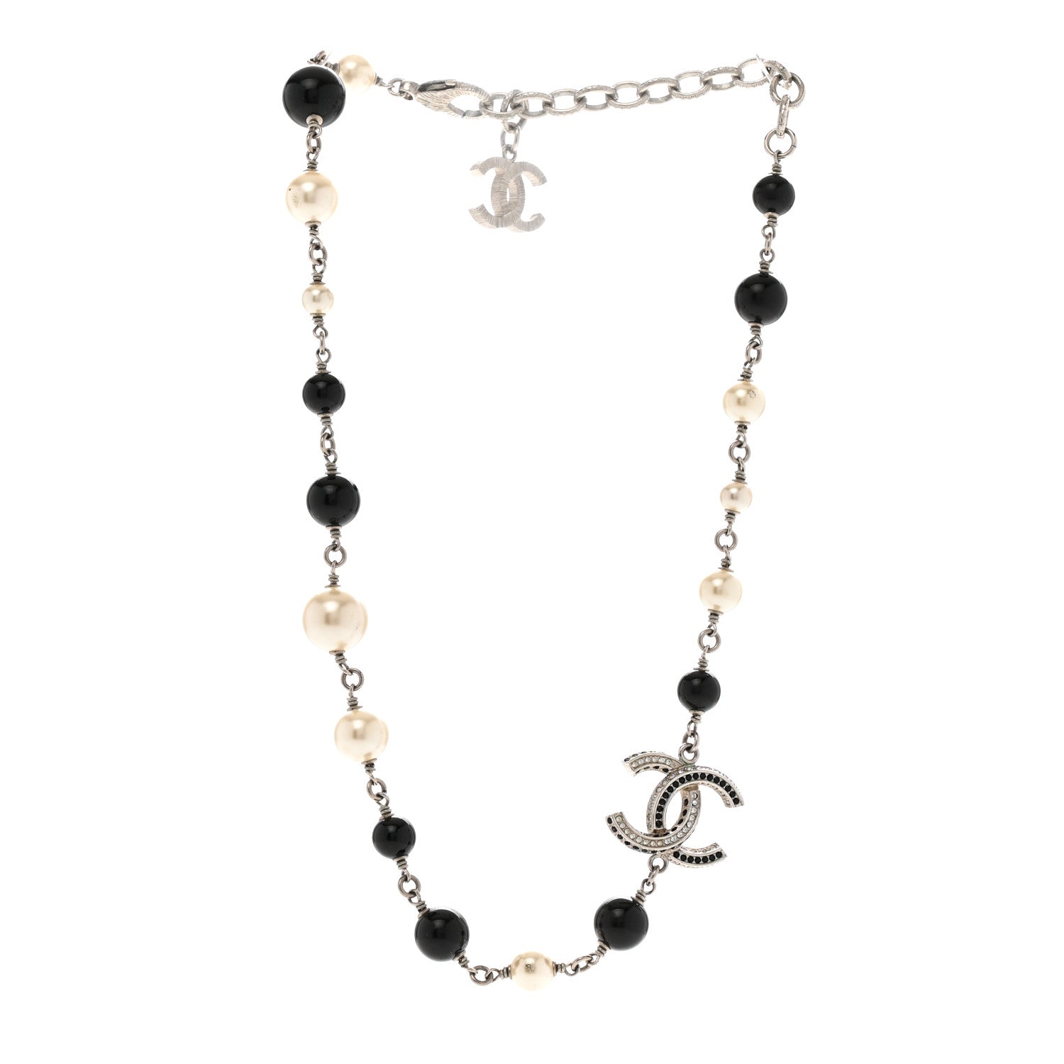 Pearl Crystal Bead CC Necklace Silver Black