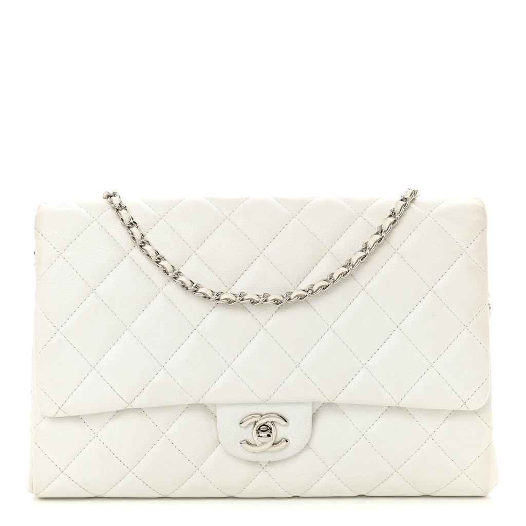 Pearly Caviar Quilted Clutch With Chain Flap Dark White