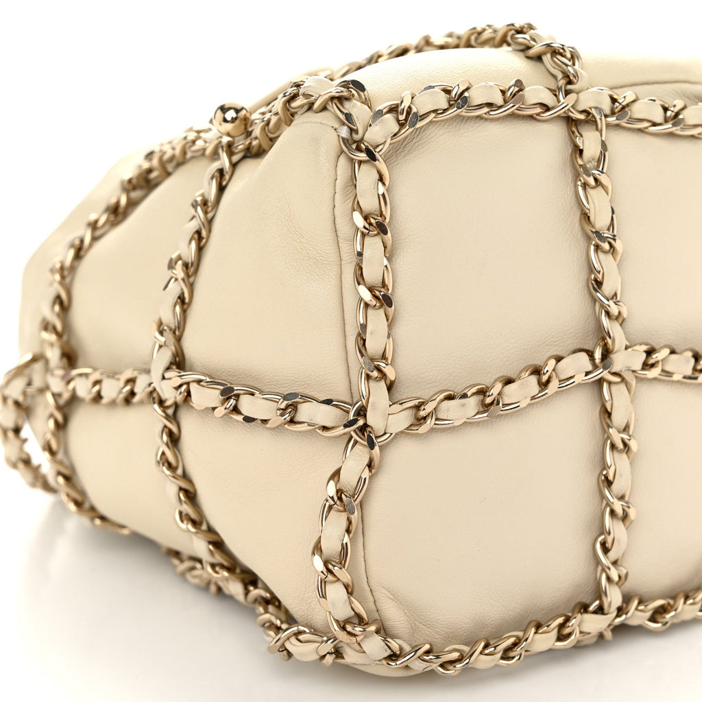 Lambskin Bucket Chain Drawstring Bag Beige