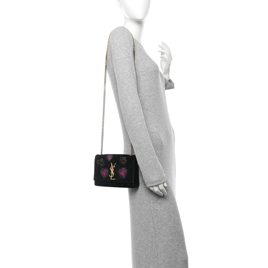 Suede Embroidered Small Monogram Kate Satchel Black