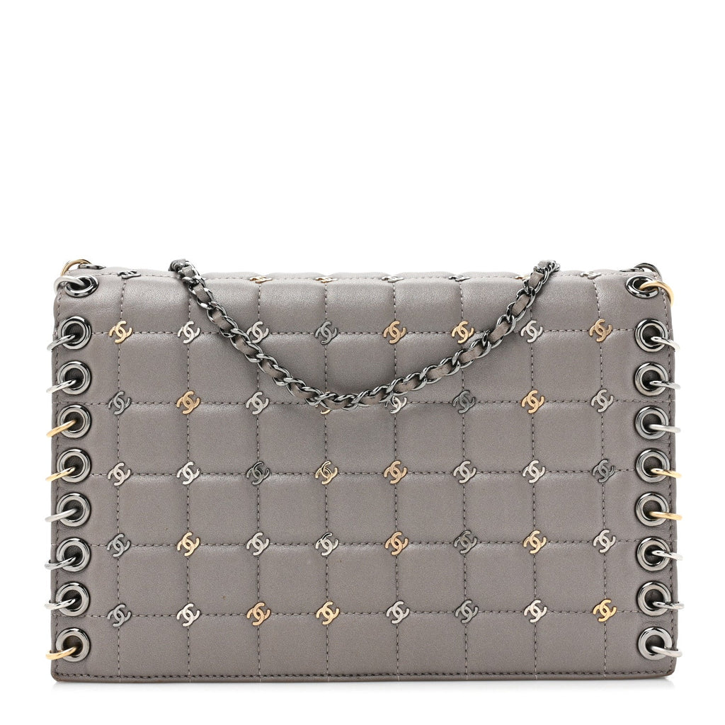 Lambskin Chocolate Bar Piercing CC Studded Small Chain Flap Bag Grey