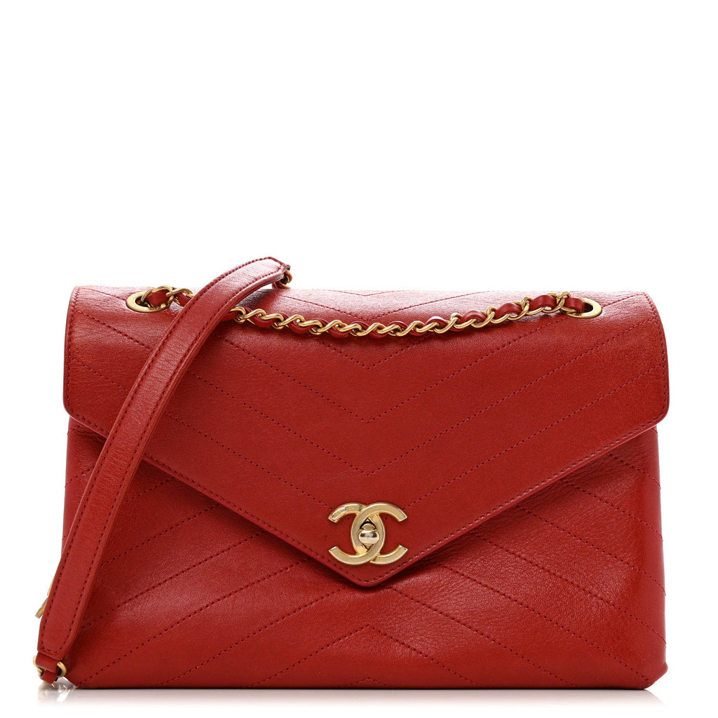 Lambskin Chevron Stitched Medium Envelope Flap Red