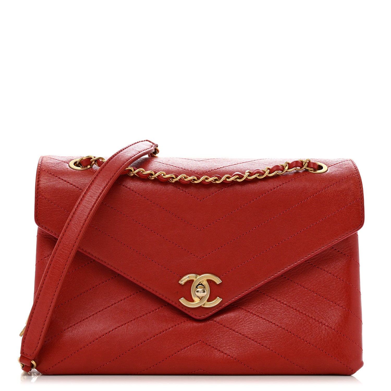 Lambskin Chevron Stitched Medium Envelope Flap Red