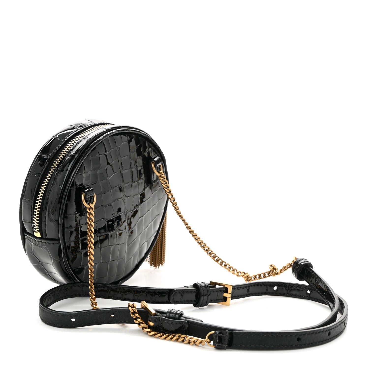 Patent Crocodile Embossed Round Belt Bag Black