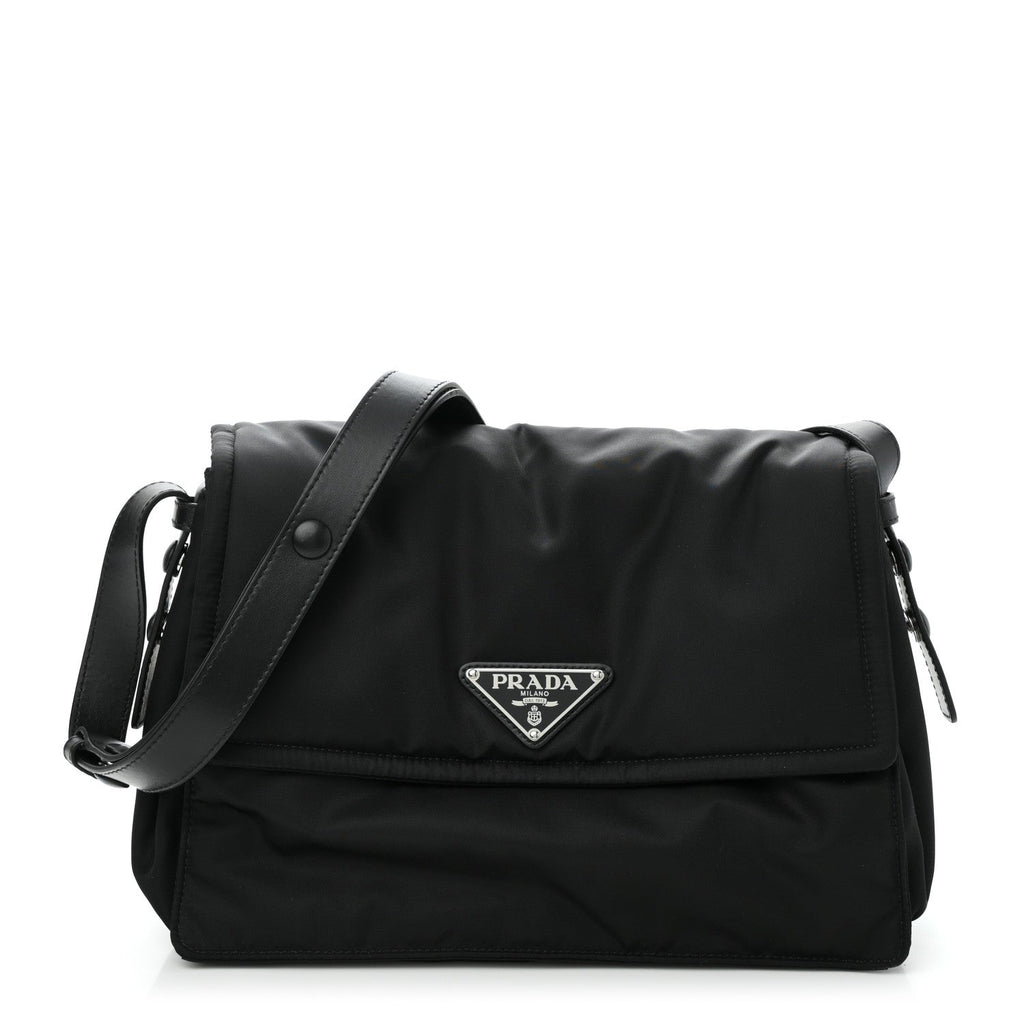 Re-Nylon Vitello Padded Large Flap Shoulder Bag Black