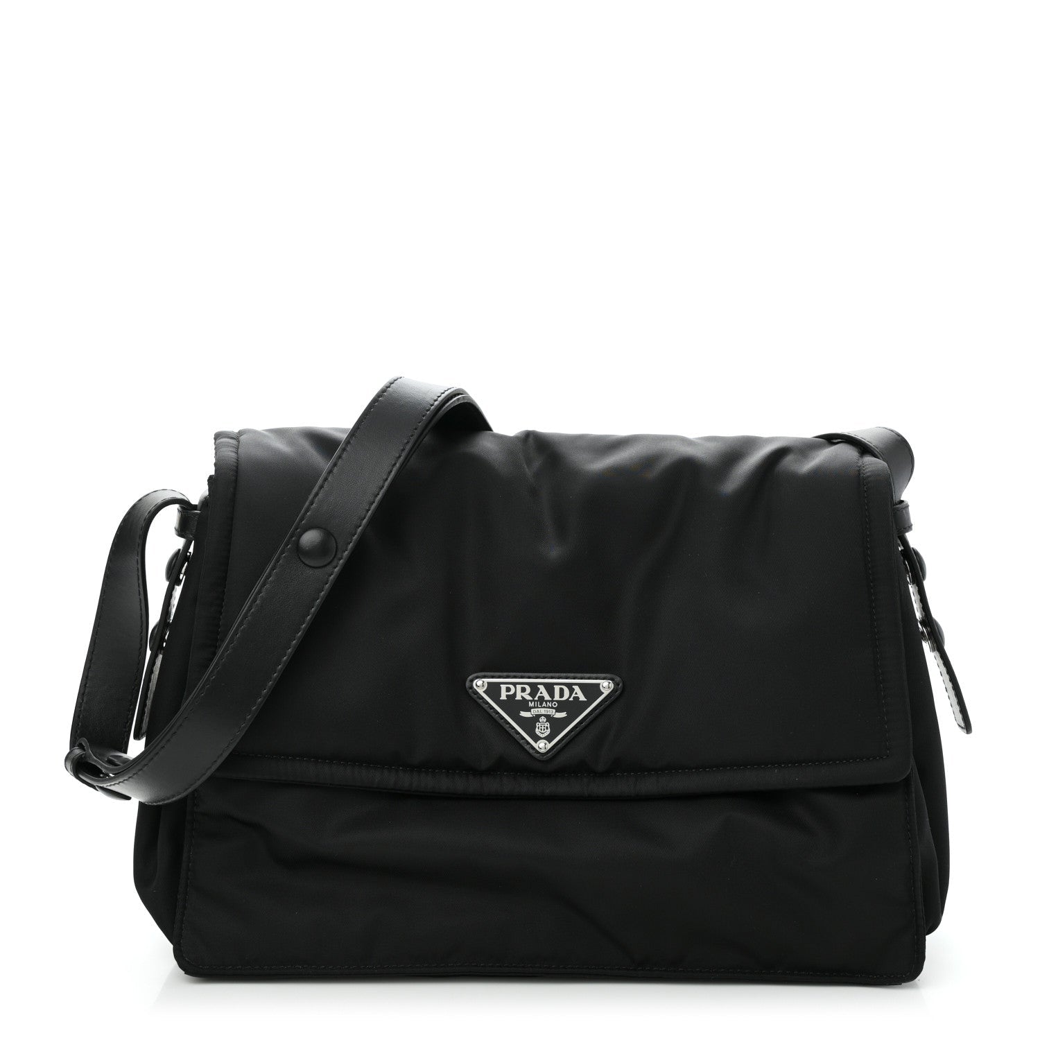 Re-Nylon Vitello Padded Large Flap Shoulder Bag Black