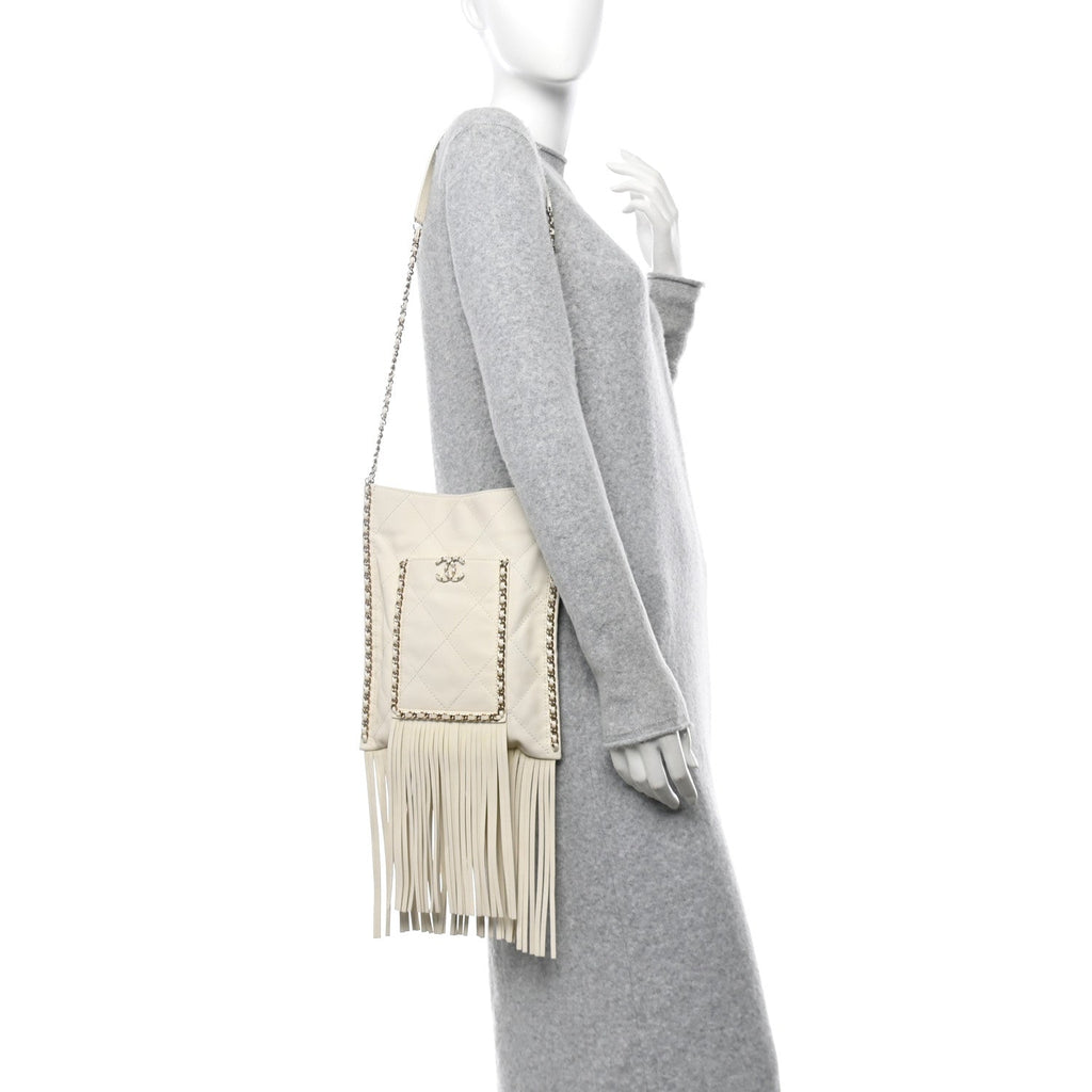 Calfskin Quilted Fringe Small Shopping Bag White