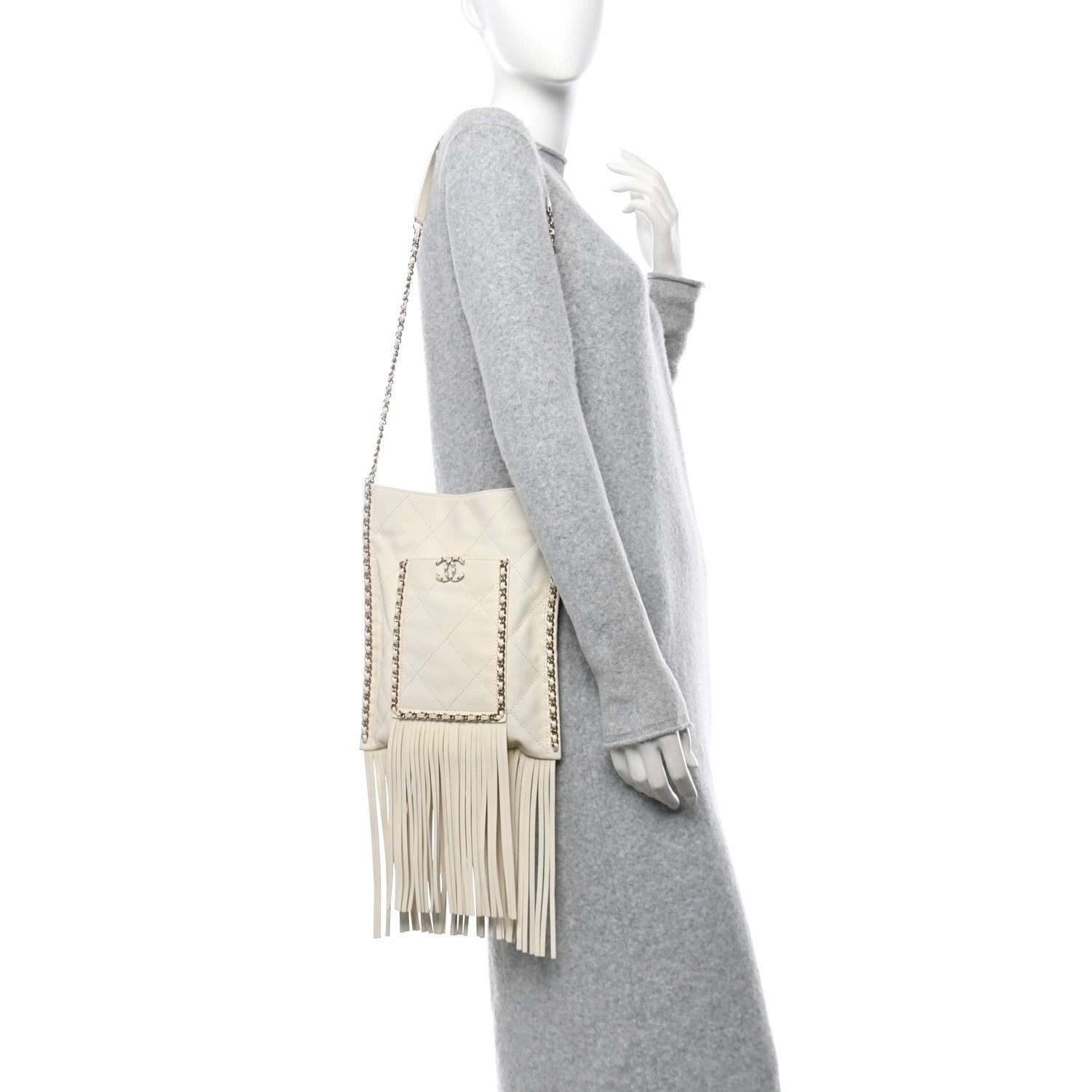 Calfskin Quilted Fringe Small Shopping Bag White