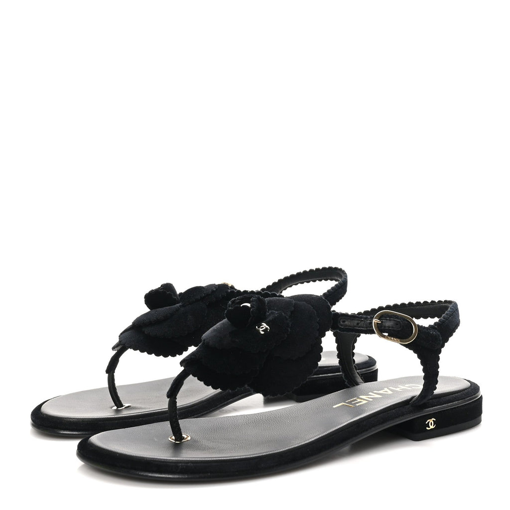 Velvet Pearl Camellia Thong Sandals 38 Black