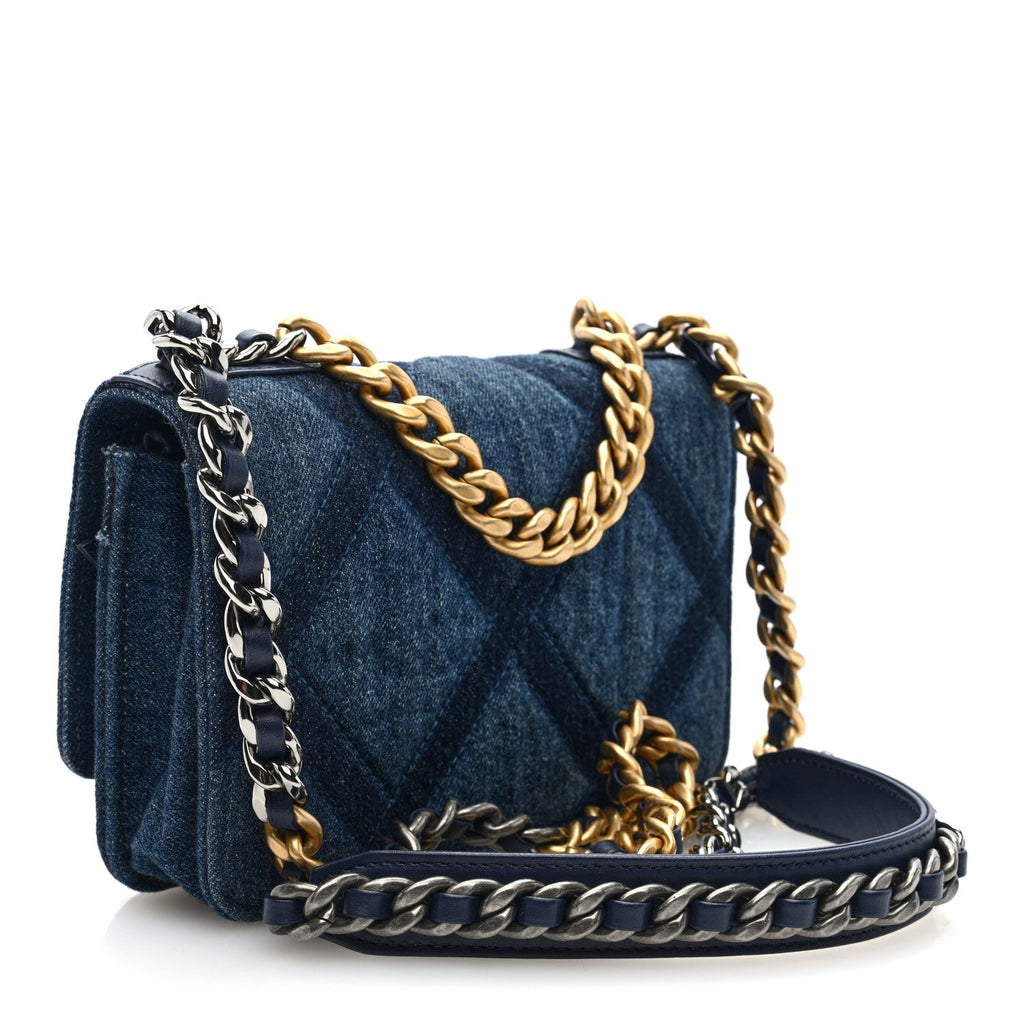 Denim Quilted Chanel 19 Wallet On Chain WOC Blue