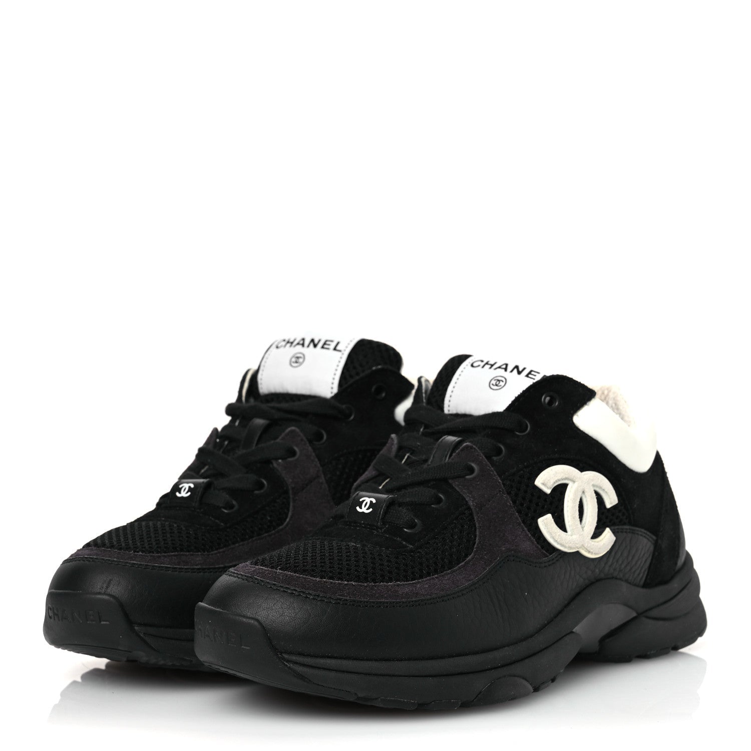 Mesh Suede Grained Calfskin Womens CC Sneakers 37 Black White