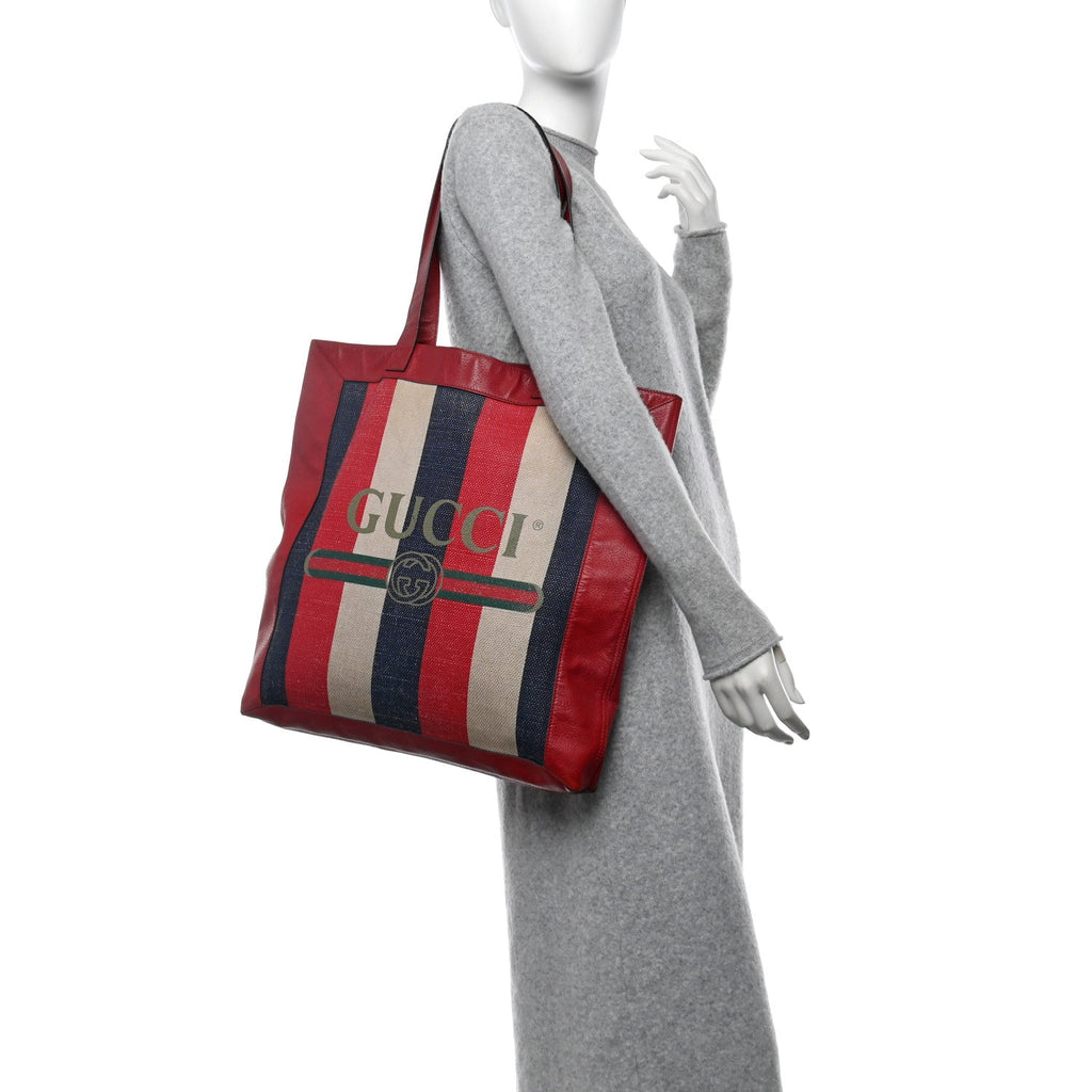 Canvas Calfskin Sylvie Stripe Logo Mens Tote Red White Blue
