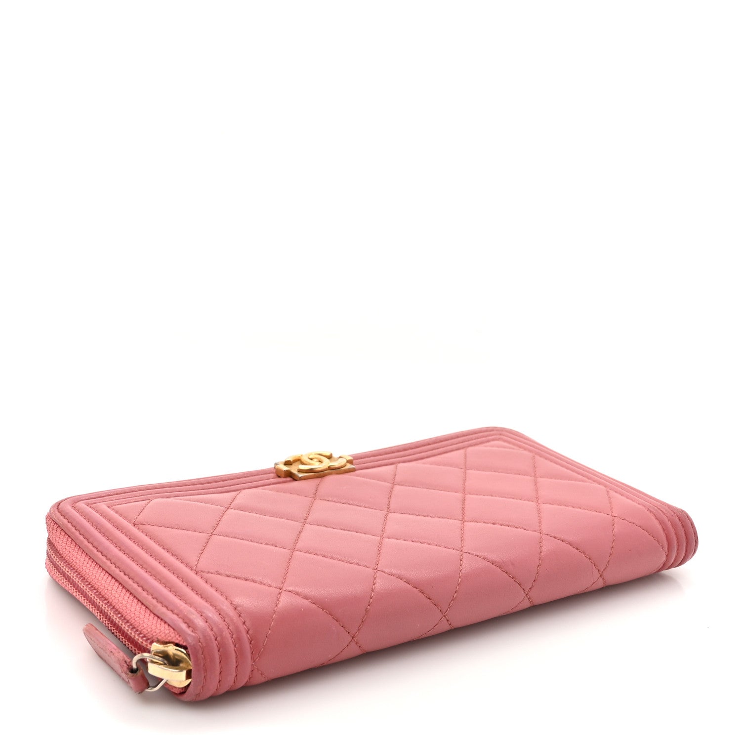 Lambskin Quilted Boy Zip Around Wallet Pink