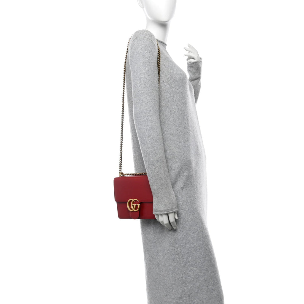 Knight Calfskin Small GG Marmont Chain Handle Bag Hibiscus Red