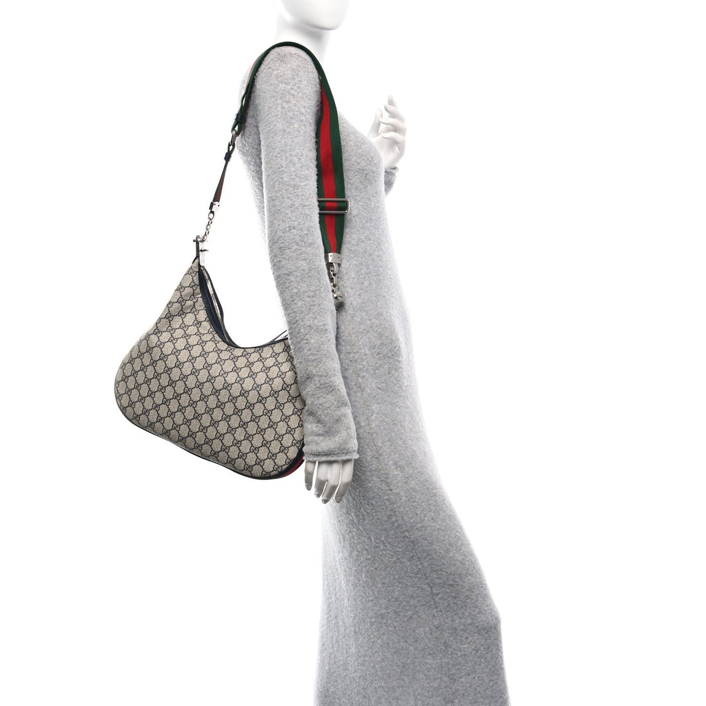 GG Supreme Monogram Textured Calfskin Web Large Attache Shoulder Bag Beige Blue