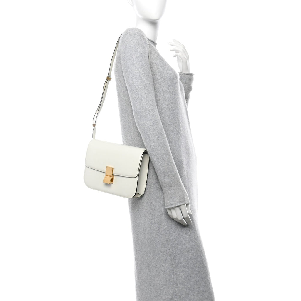 Spazzolato Calfskin Medium Classic Box Flap Bag White