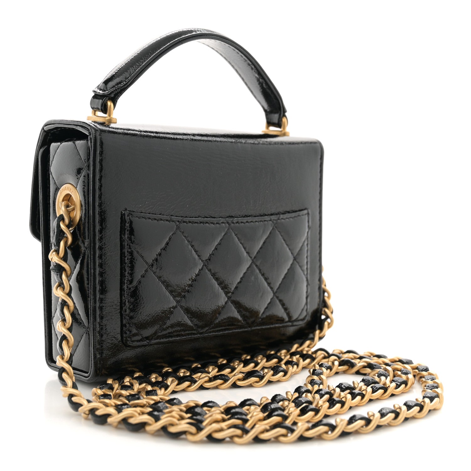 Shiny Lambskin Quilted Top Handle  Holder On Chain Black
