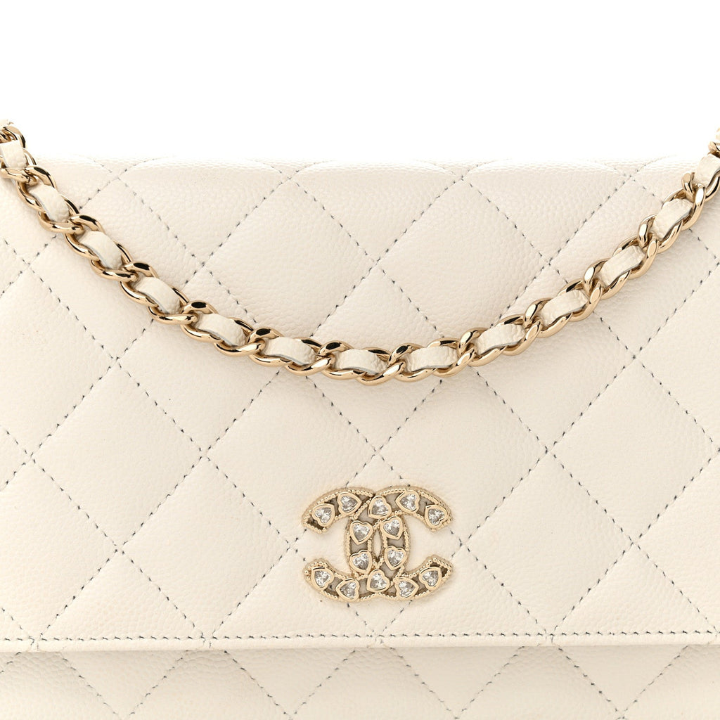 Shiny Caviar Quilted Crystal Heart CC Wallet On Chain WOC White