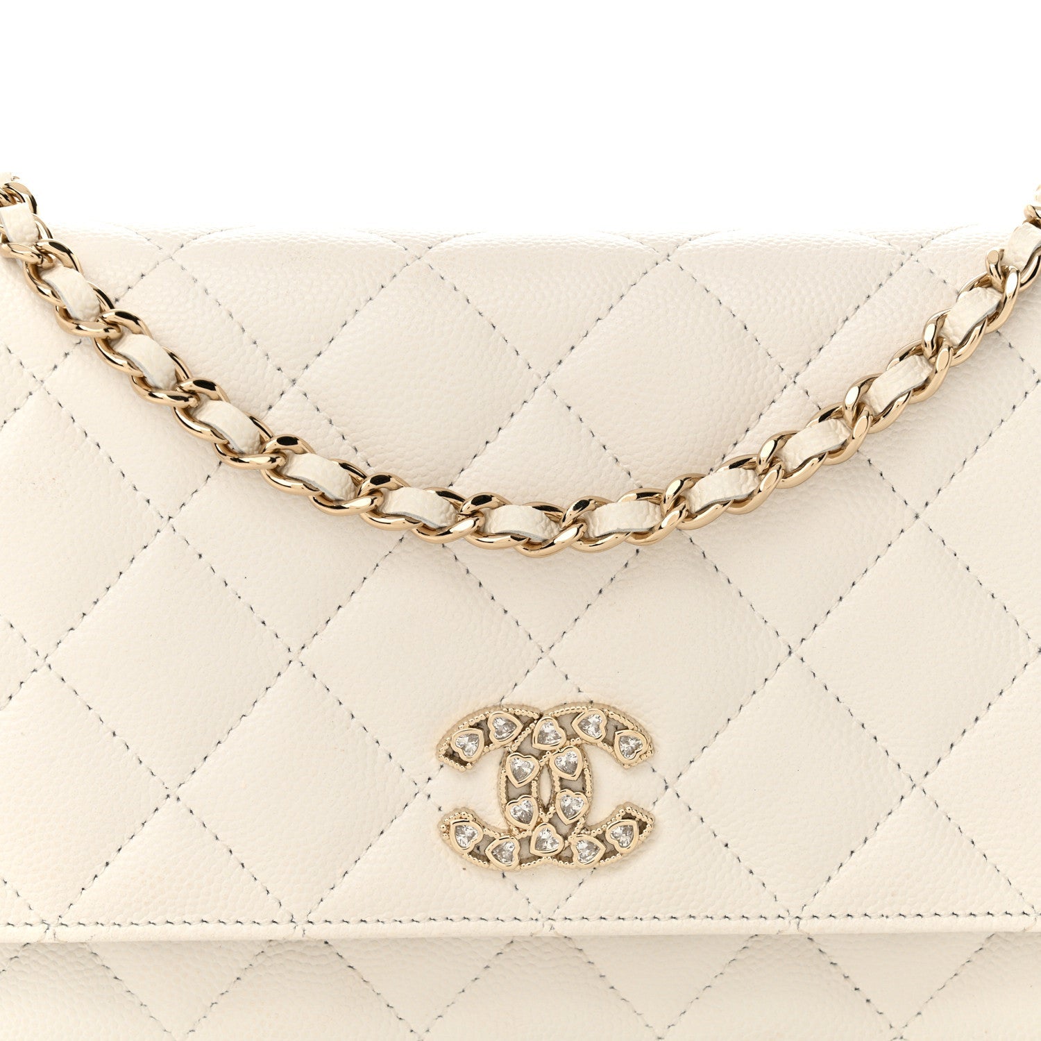Shiny Caviar Quilted Crystal Heart CC Wallet On Chain WOC White