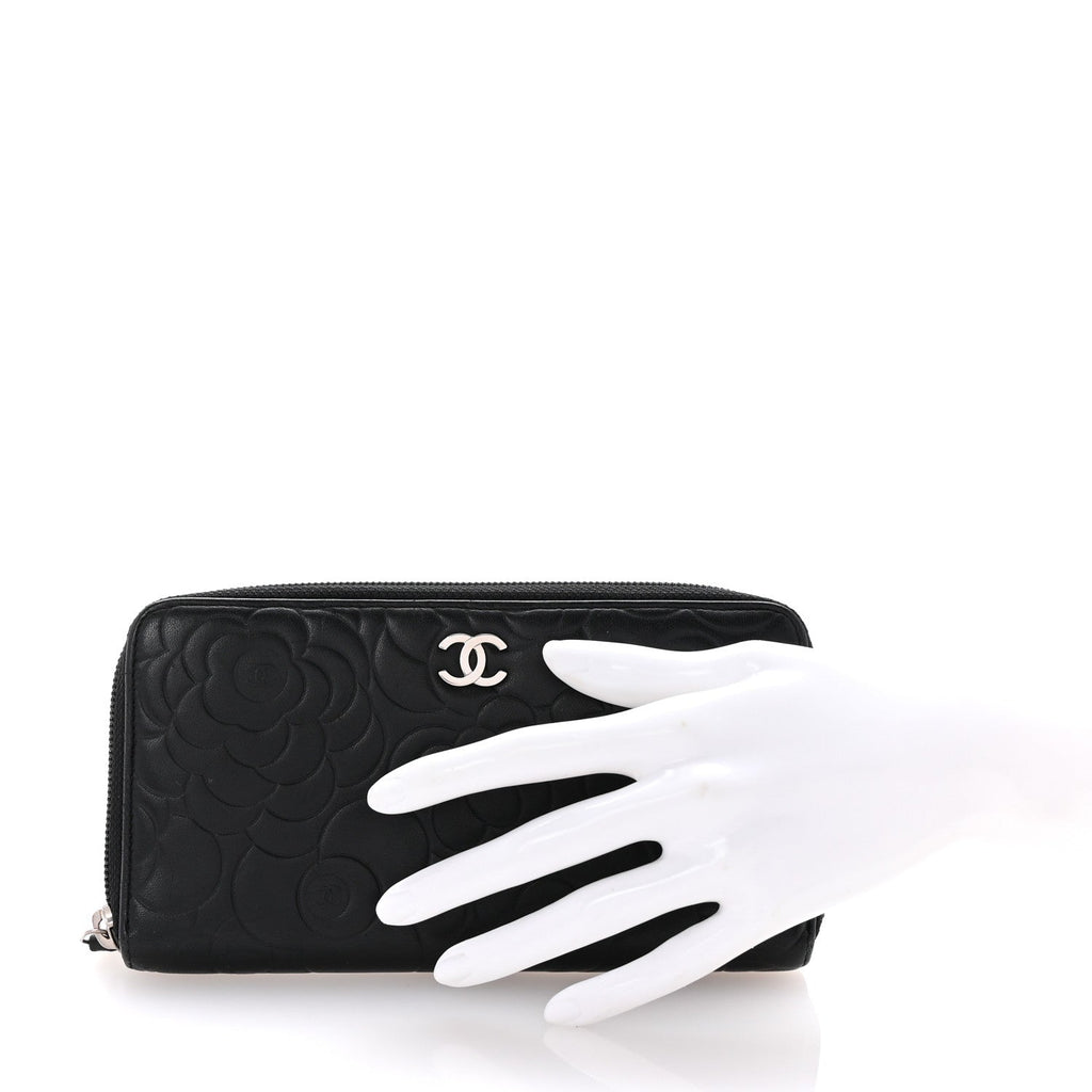 Lambskin Camellia Embossed Large Zip Around Gusset Wallet Black