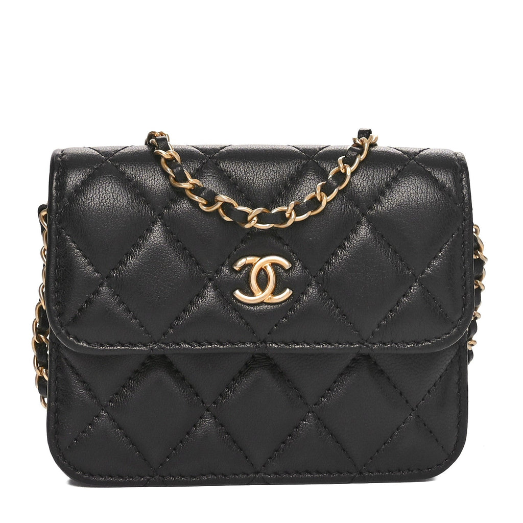 Lambskin Quilted Pearl Crush Clutch With Chain Black