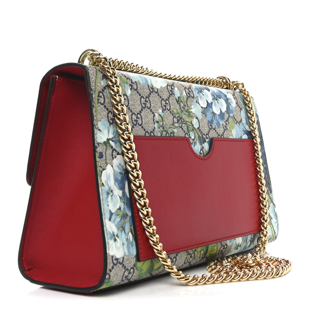 GG Supreme Monogram Blooms Medium Padlock Shoulder Bag Beige Blue Navy Hibiscus Red