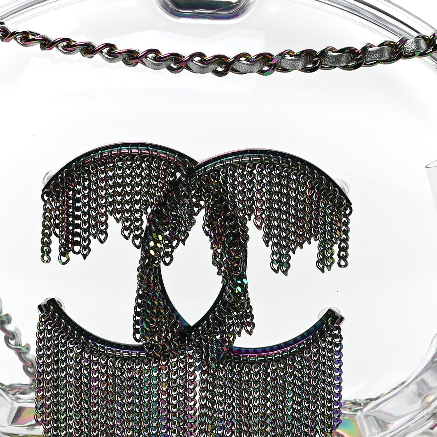 Plexiglass Iridescent Chain Fringe CC Clutch Clear