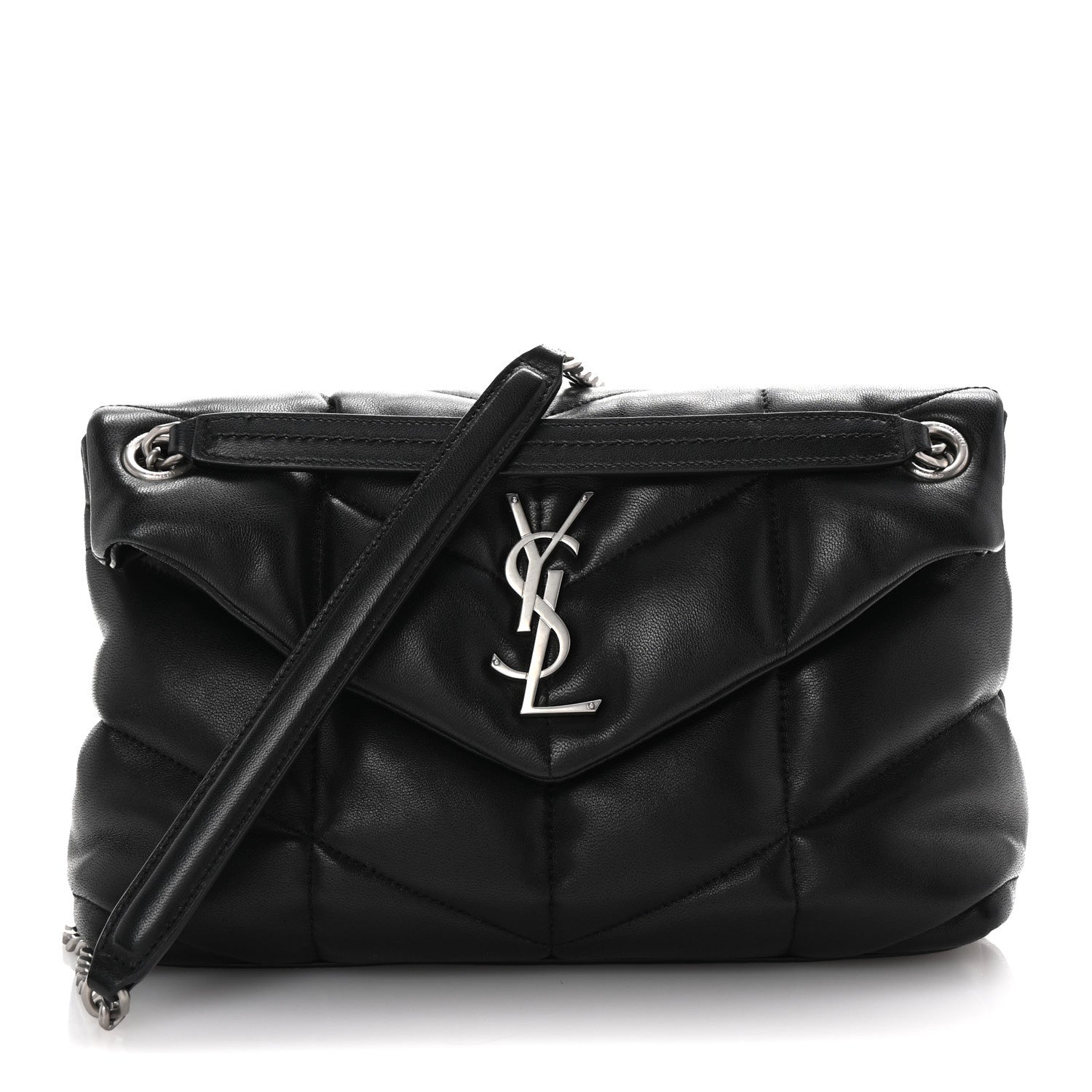 Lambskin Quilted Small Loulou Puffer Monogram Chain Satchel Black