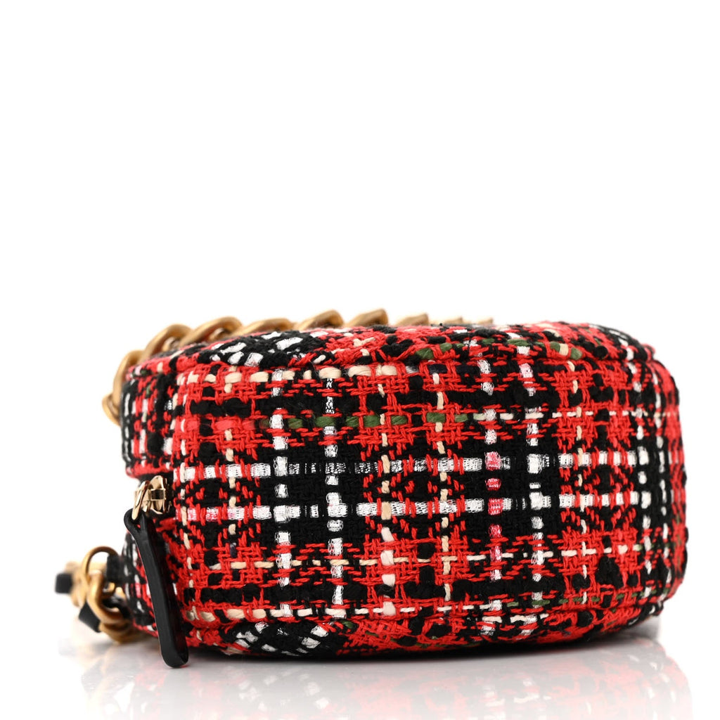 Tweed Quilted Chanel 19 Round Clutch With Chain  Red Black White Green