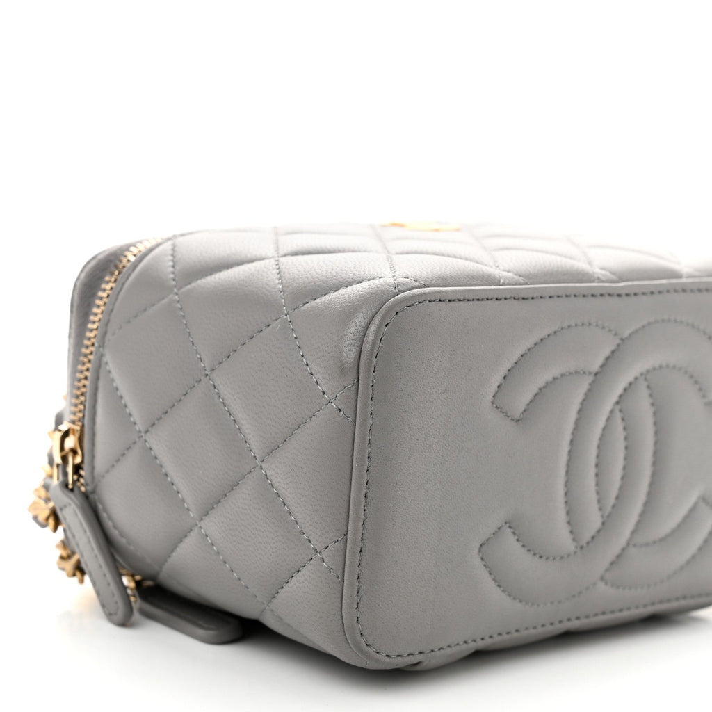 Lambskin Quilted Metal Small Top Handle Vanity Case With Chain Grey