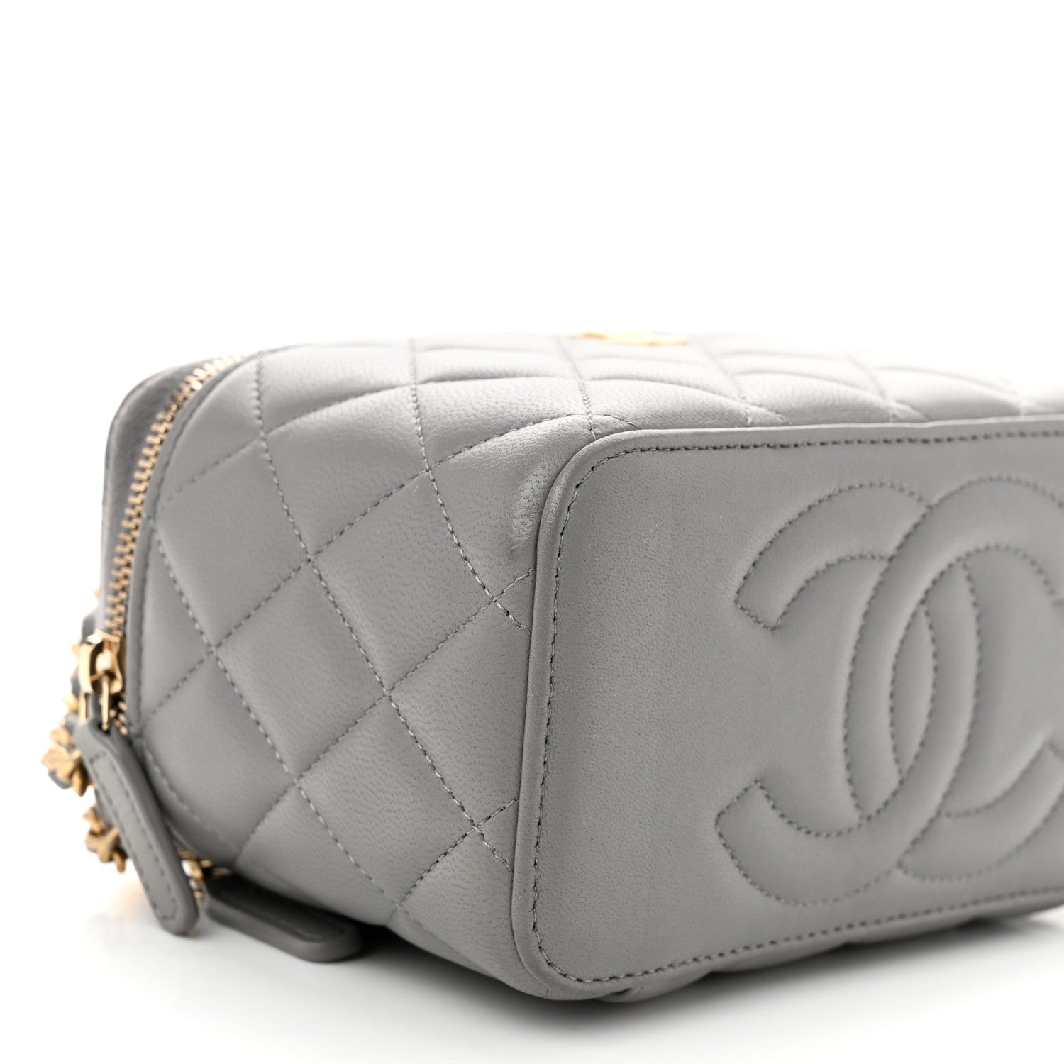 Lambskin Quilted Metal Small Top Handle Vanity Case With Chain Grey
