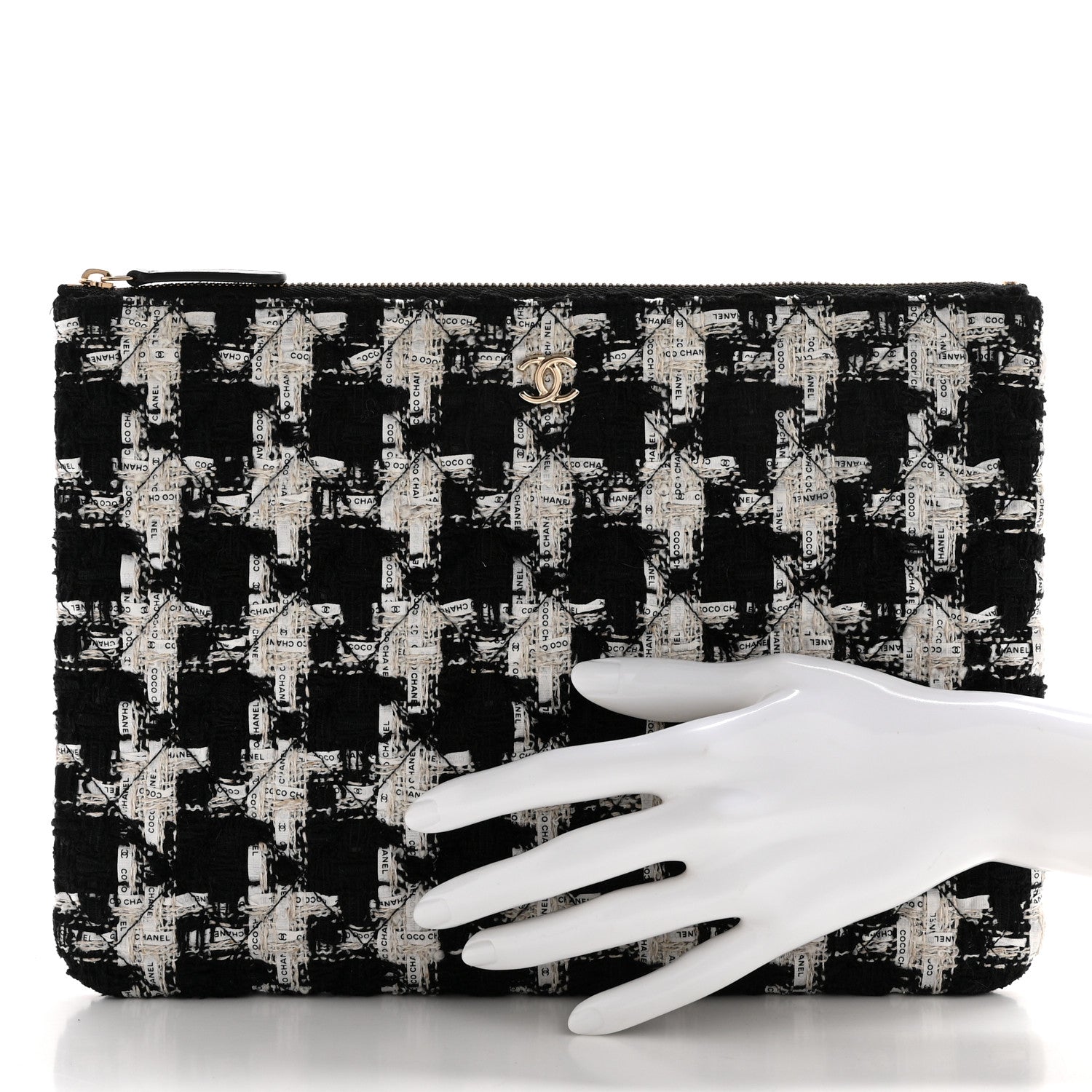 Tweed Quilted Medium Cosmetic Pouch Black Ecru White