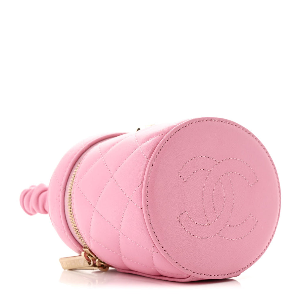 Lambskin Quilted Ruched Handle Vanity Case Pink