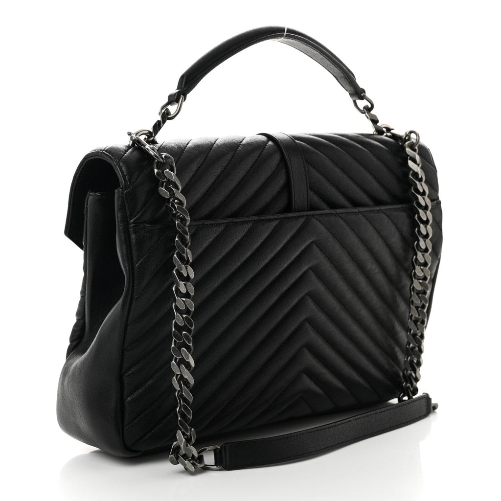 Sheepskin Matelasse Chevron Monogram Large College Satchel Black