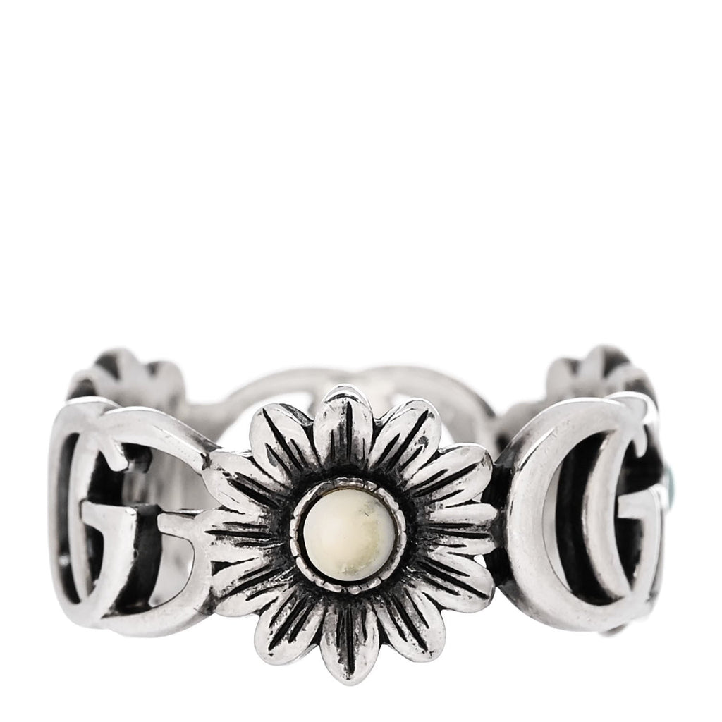 Sterling Silver Mother of Pearl Blue Topaz Resin Flower Marmont Double G Ring 54 6.75