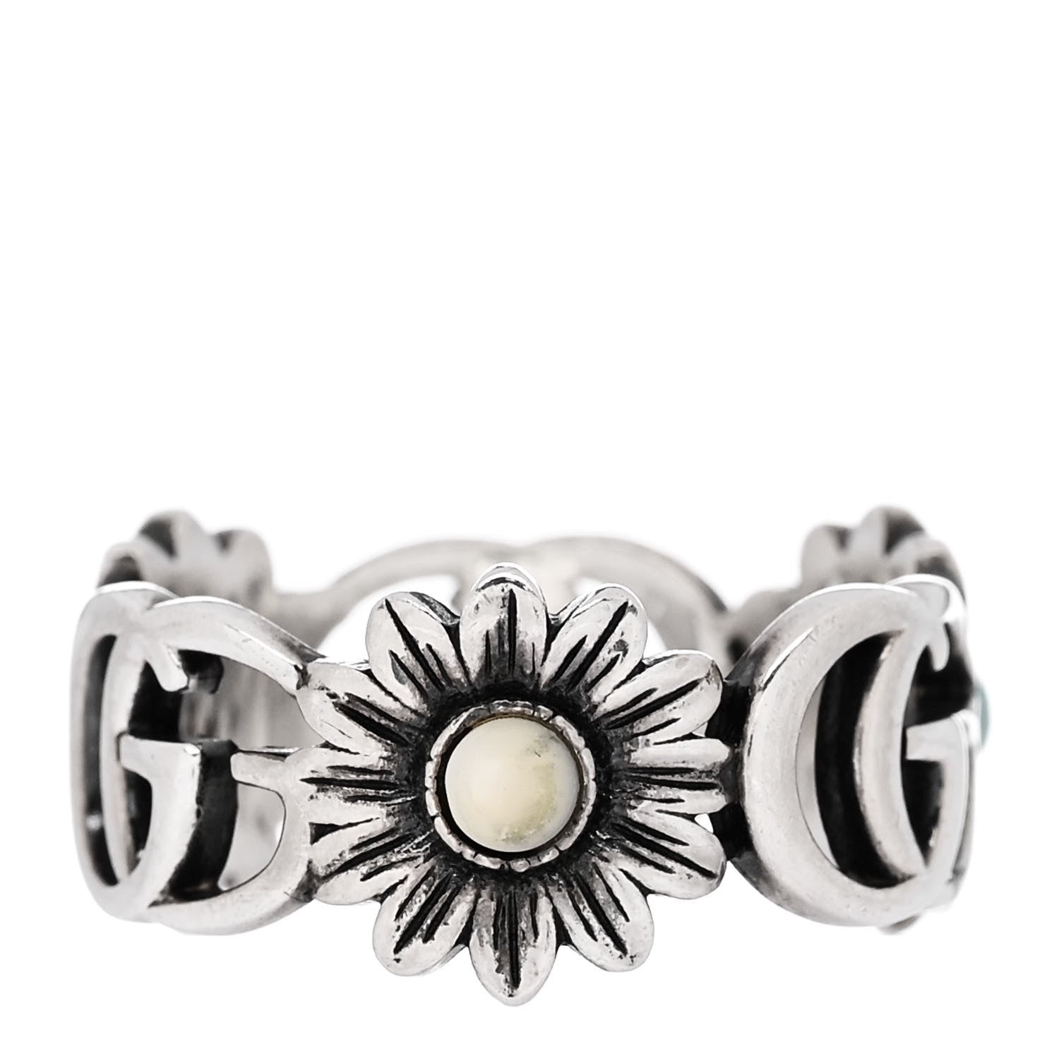 Sterling Silver Mother of Pearl Blue Topaz Resin Flower Marmont Double G Ring 54 6.75