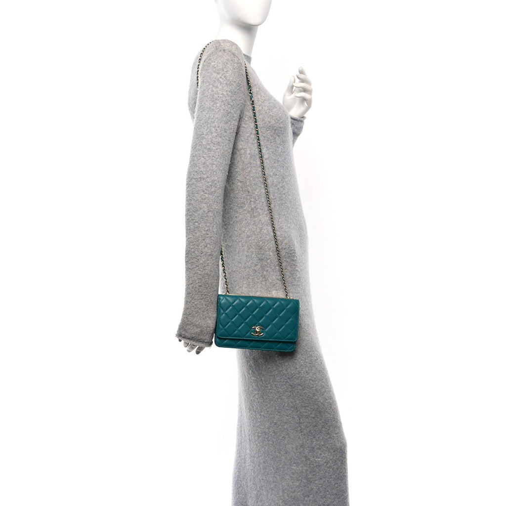 Lambskin Quilted Trendy CC Wallet On Chain WOC Green