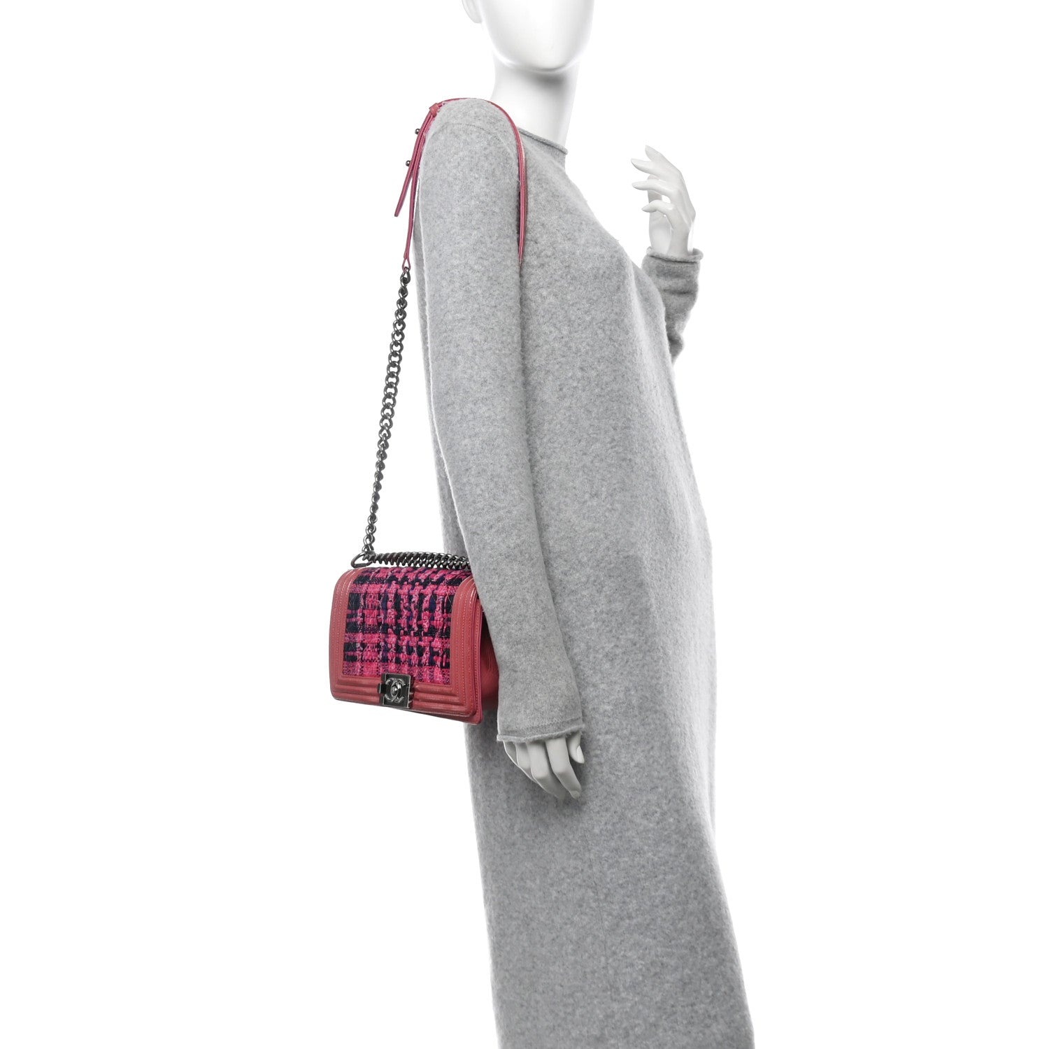 Patent Tweed Medium Boy Flap Fuchsia