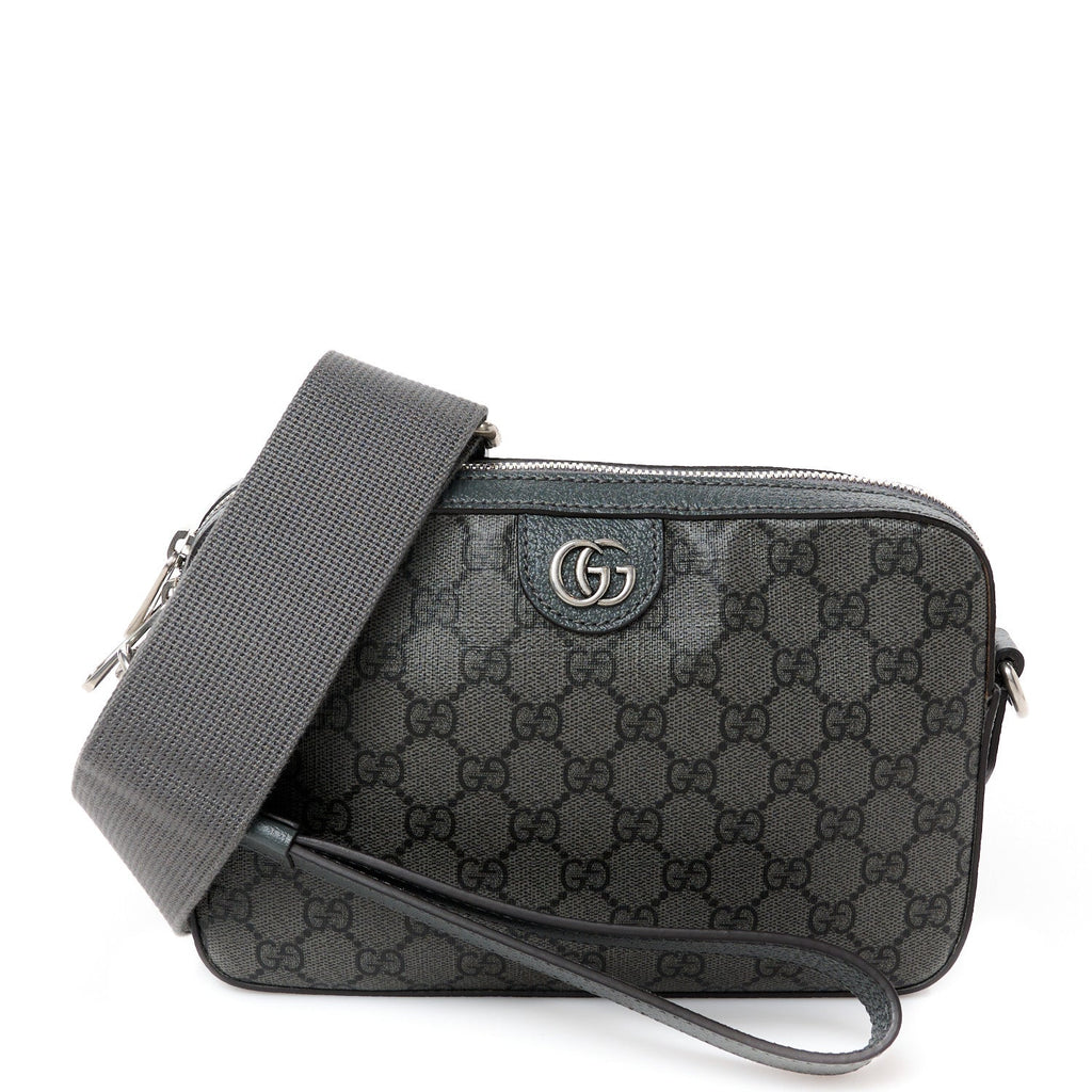 GG Supreme Monogram Textured Dollar Calfskin Web Ophidia Wristlet Shoulder Bag Grey Black Graphite Grey