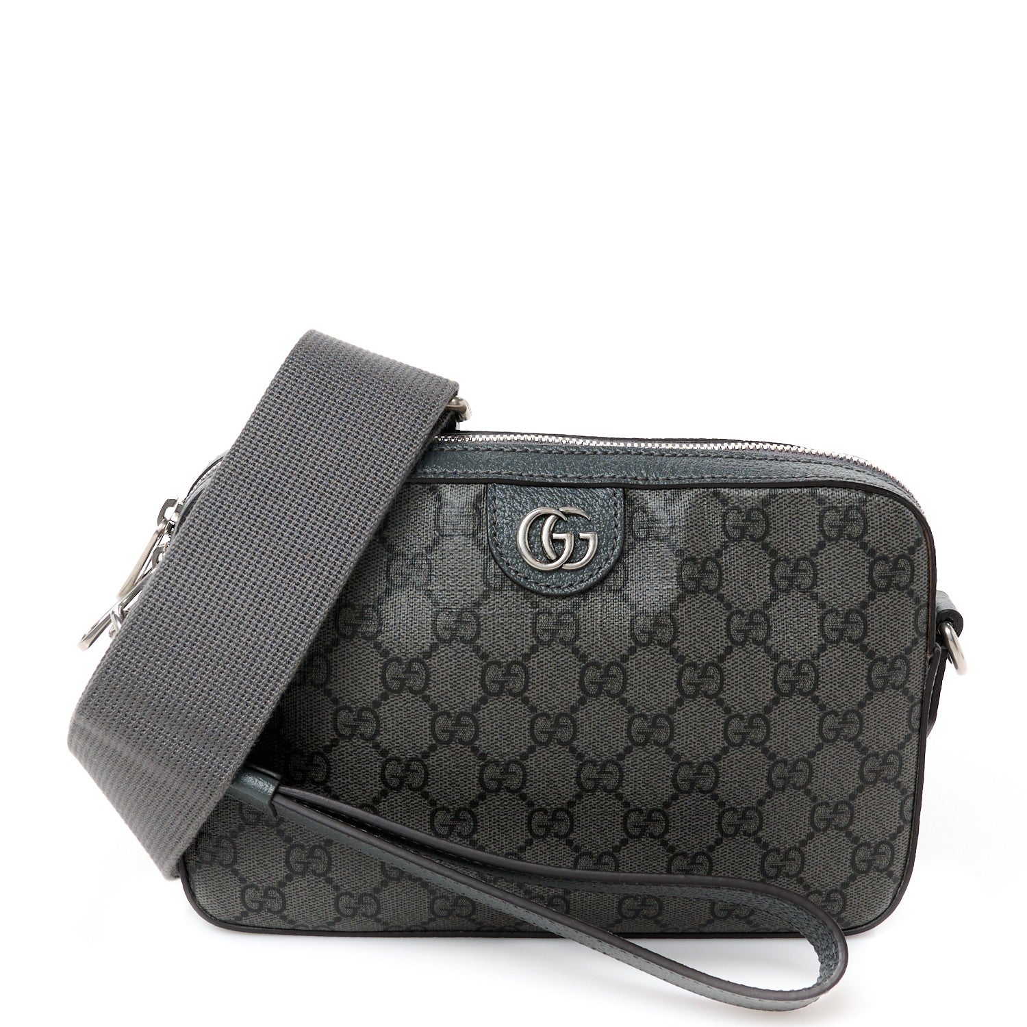 GG Supreme Monogram Textured Dollar Calfskin Web Ophidia Wristlet Shoulder Bag Grey Black Graphite Grey