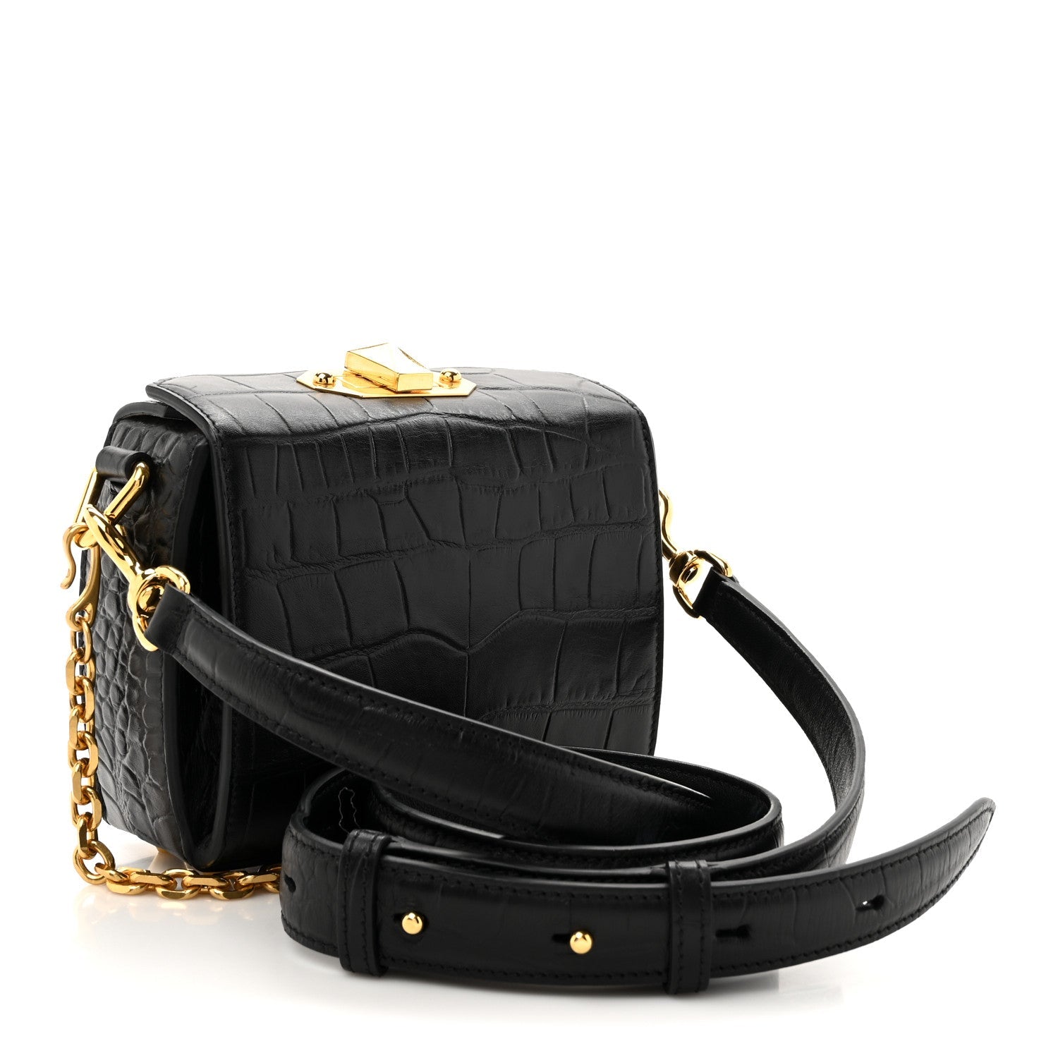 Calfskin Crocodile Embossed Box Shoulder Bag 19 Black